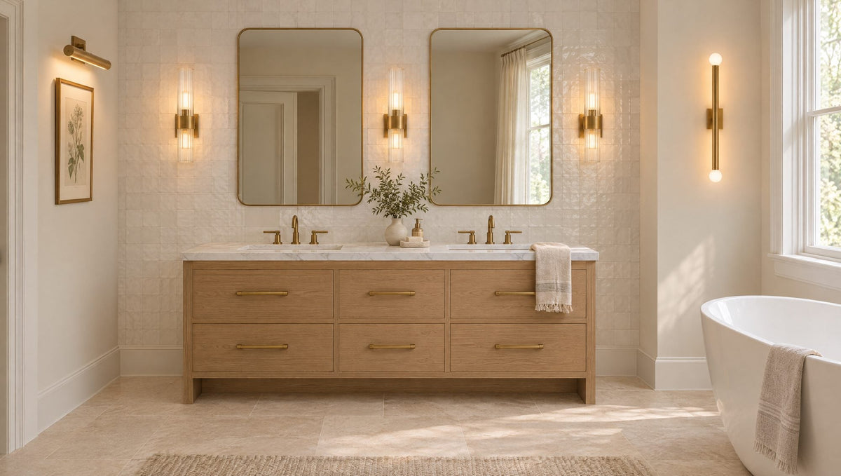 Primary bathroom with a white oak double vanity, three burnished brass sconces flanking two mirrors, a brass sconce beside a freestanding tub, and a brass picture light over a botanical print