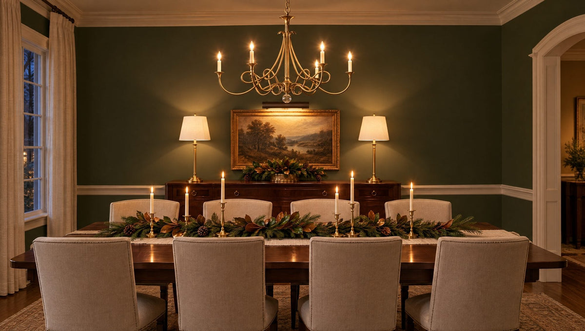 Holiday dining room with an antique brass twisted-arm chandelier over a candlelit table, slim antique brass buffet lamps with linen shades on the sideboard, and a bronze picture light over a landscape painting