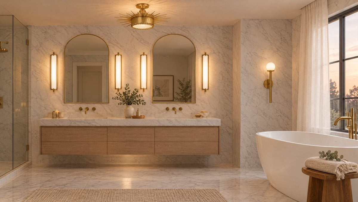 Spa-inspired marble bathroom with Thomas O'Brien Calliope tall bath lights flanking the mirrors, a Suzanne Kasler Soleil semi-flush ceiling light and a Kelly Wearstler Nodes sconce beside the soaking tub