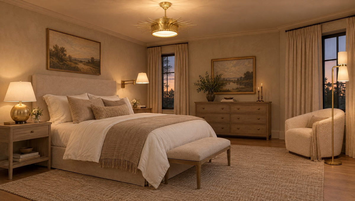 Luxury bedroom with a brass Suzanne Kasler Soleil semi-flush ceiling light, AERIN Morton gilded table lamp, brass swing-arm wall lamp and AERIN Clarkson floor lamp beside a reading chair