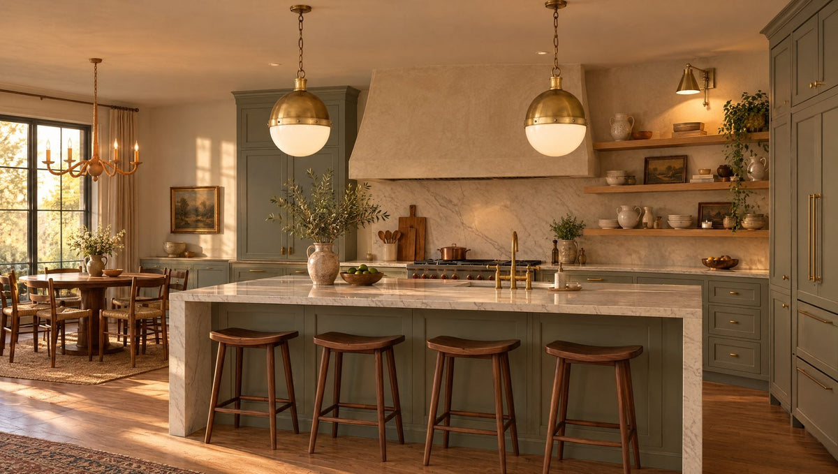 Modern kitchen with two Thomas O'Brien Hicks brass and white glass pendants over a marble island, a brass swivel-head wall lamp over open shelving and a Currey Saxon rattan chandelier over the breakfast table