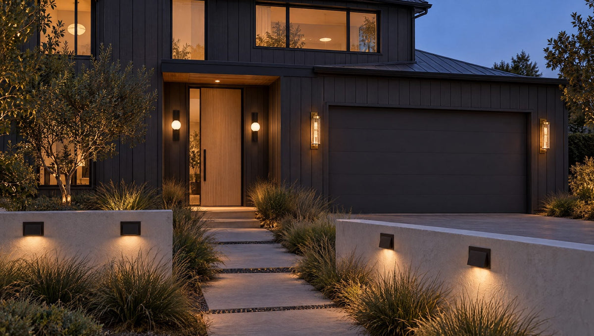 Modern house at dusk with Troy Darwin black lantern sconces flanking the front door, Kelly Wearstler Liaison brass sconces at the garage and Kelly Wearstler Esker bronze sconces along a garden wall