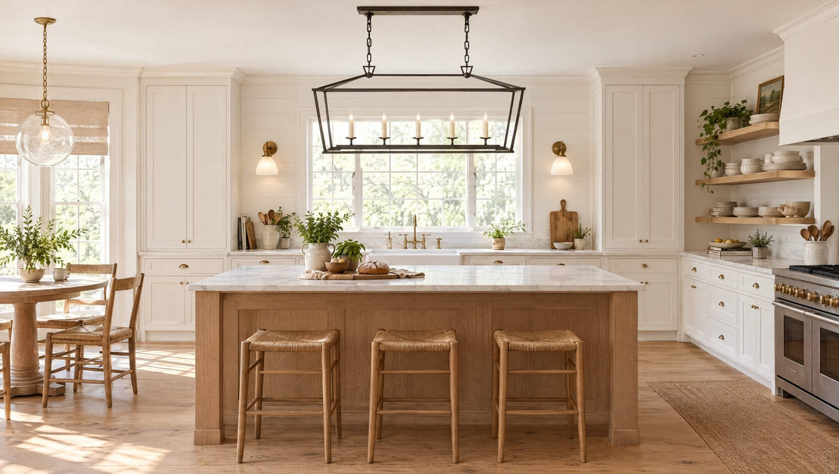 Modern farmhouse kitchen with a Chapman & Myers Darlana aged iron linear lantern over a marble island, Boston brass schoolhouse sconces at the sink window and a Katie seeded glass globe pendant over the breakfast table