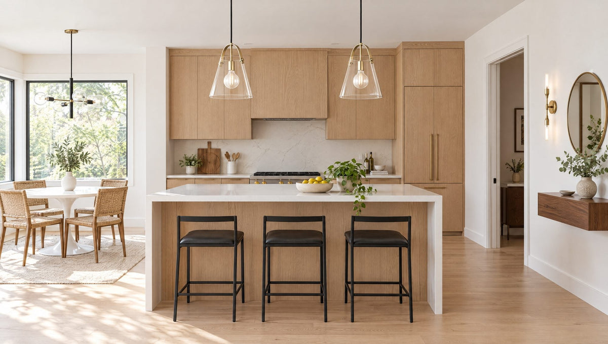 Modern kitchen with two Mitzi Karin aged brass pendants over the island, a Mitzi Astrid chandelier over the breakfast table, and a Tara brass wall sconce by the console