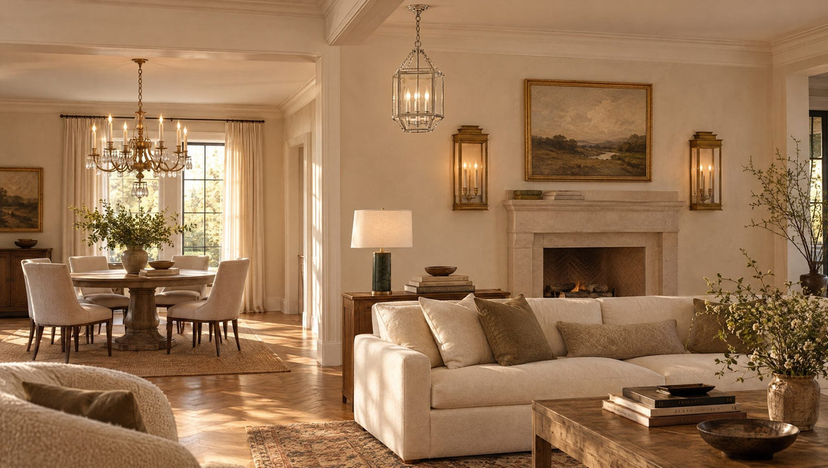 Living and dining space with a Thomas O'Brien Elizabeth gilded iron and quartz chandelier, a Suzanne Kasler Morris lantern, Chapman & Myers Linear Lanterns by the fireplace and an AERIN Cliff green marble lamp