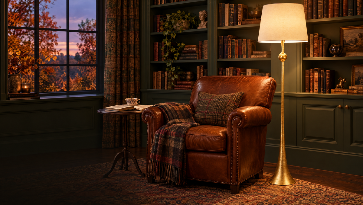 Library reading corner with a gilded floor lamp