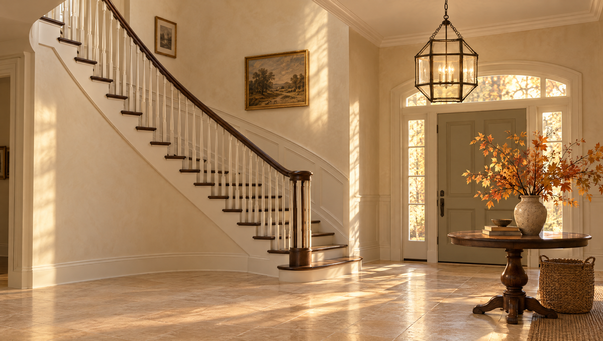 Autumn entry foyer lit by an antique zinc lantern