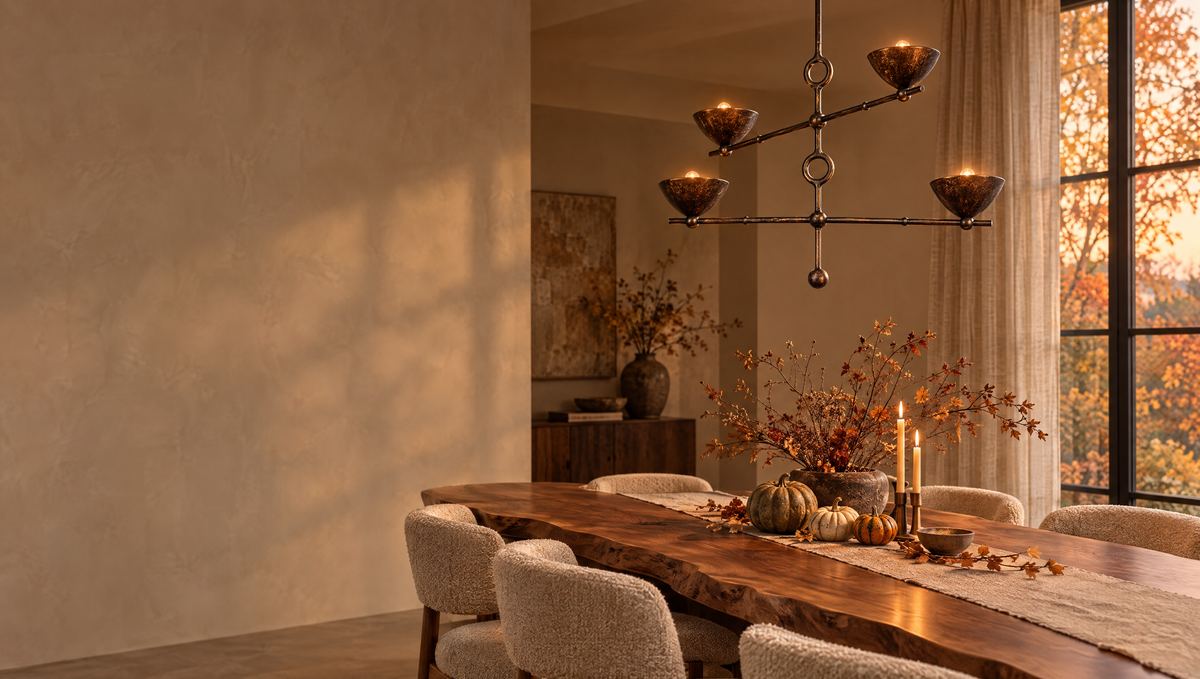 Dining room lit by a sculptural black patina gold chandelier