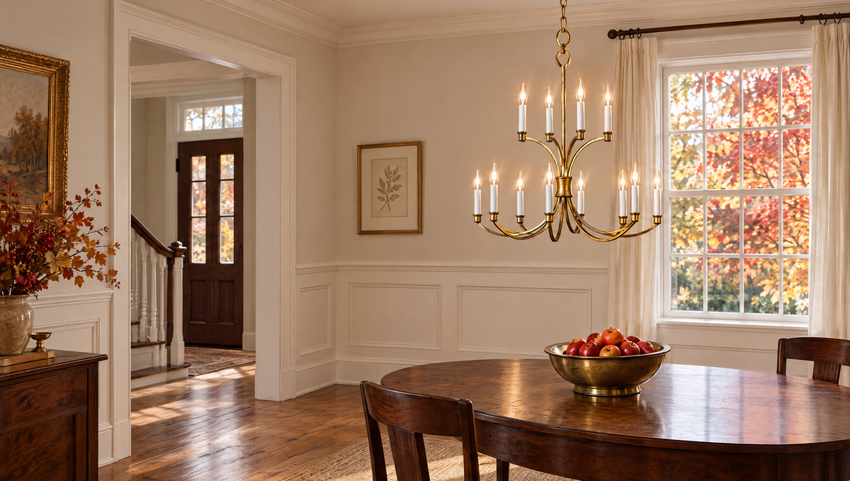 Classic dining room with a two-tier gilded candle chandelier
