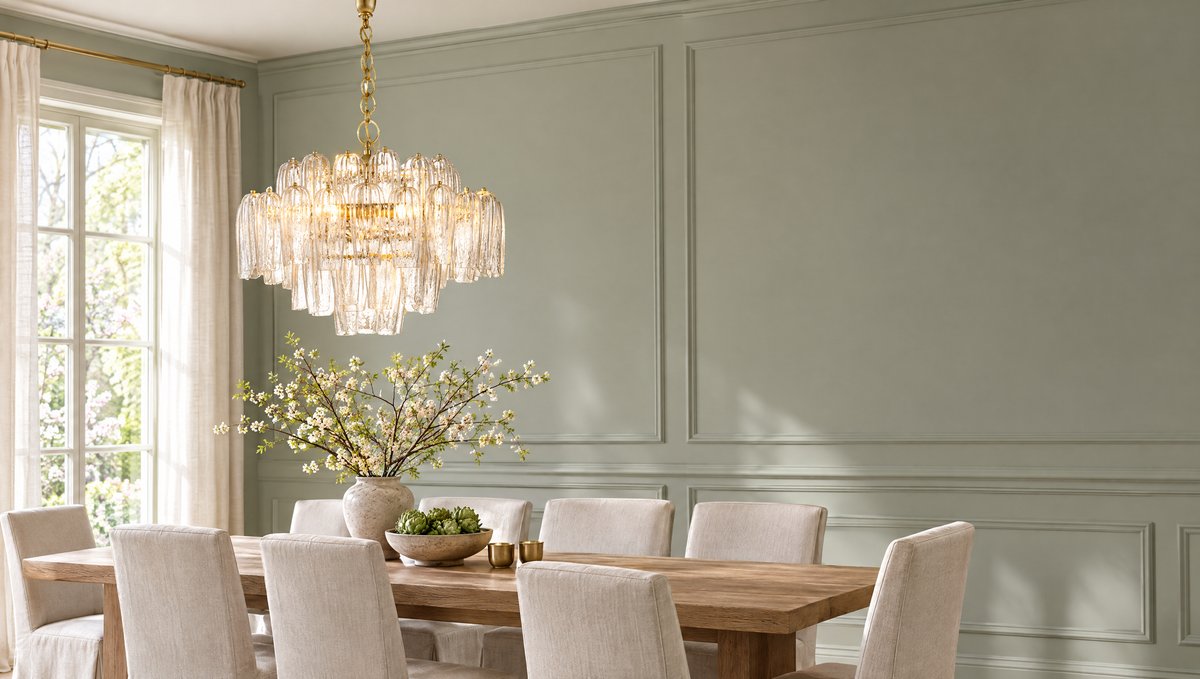Thomas O'Brien Charmain chandelier over a dining table