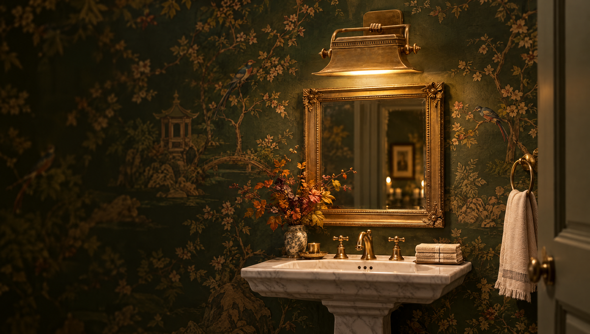 Powder room with a vintage brass sconce over a gilt mirror