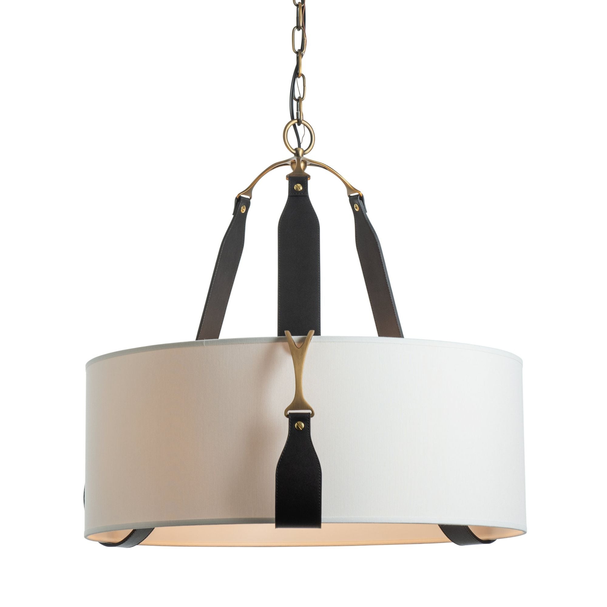 Saratoga Small Pendant 3-Light Black Leather Natural Anna Shade (SF) in Antique Brass