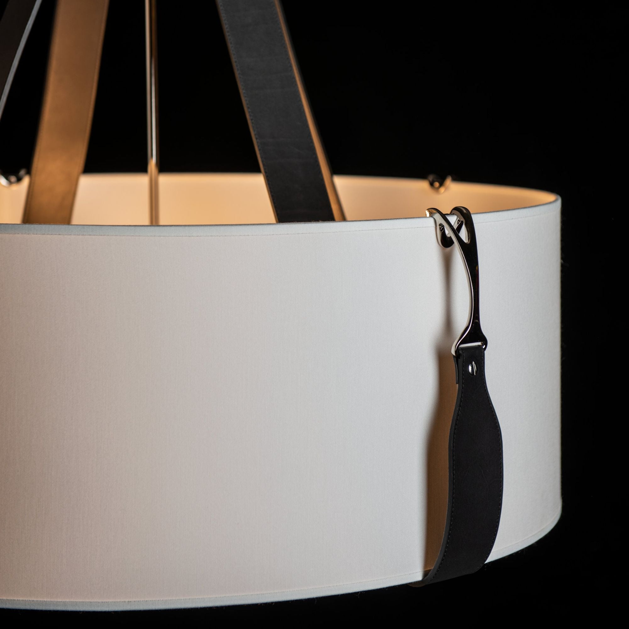 Saratoga Large Pendant 4-Light Black Leather Natural Anna Shade (SF) in Polished Nickel