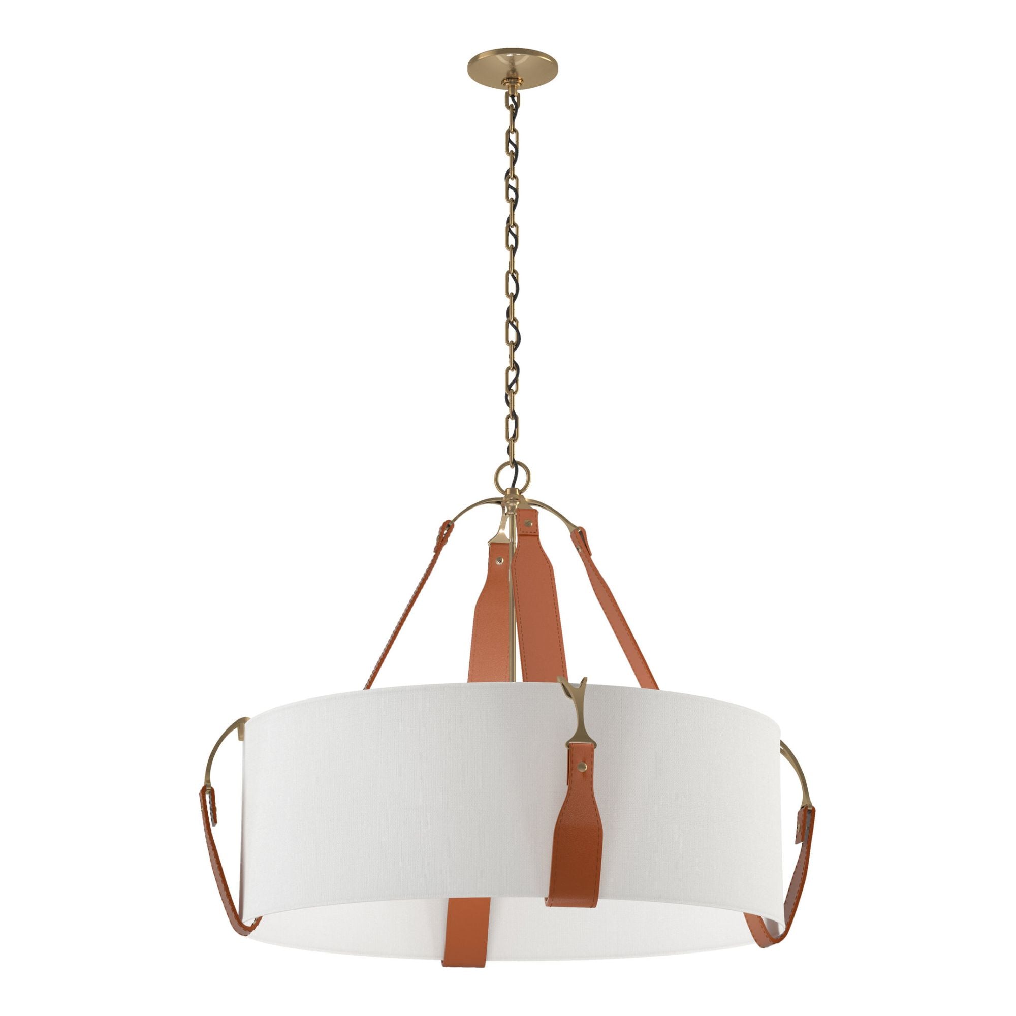 Saratoga Large Pendant 4-Light Chestnut Leather Natural Anna Shade (SF) in Antique Brass