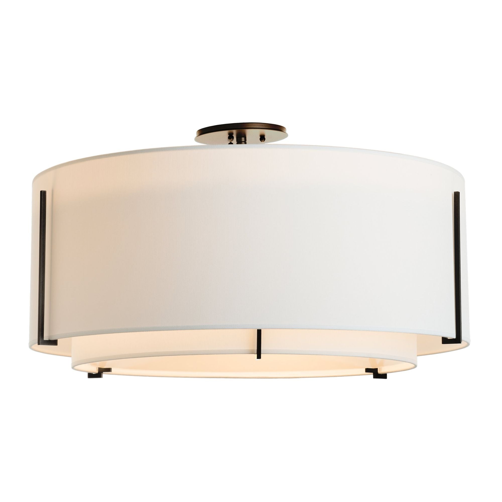 Exos Large Double Shade Semi-Flush 3-Light Natural Anna Inner Shade & Natural Anna Outer Shade in Black