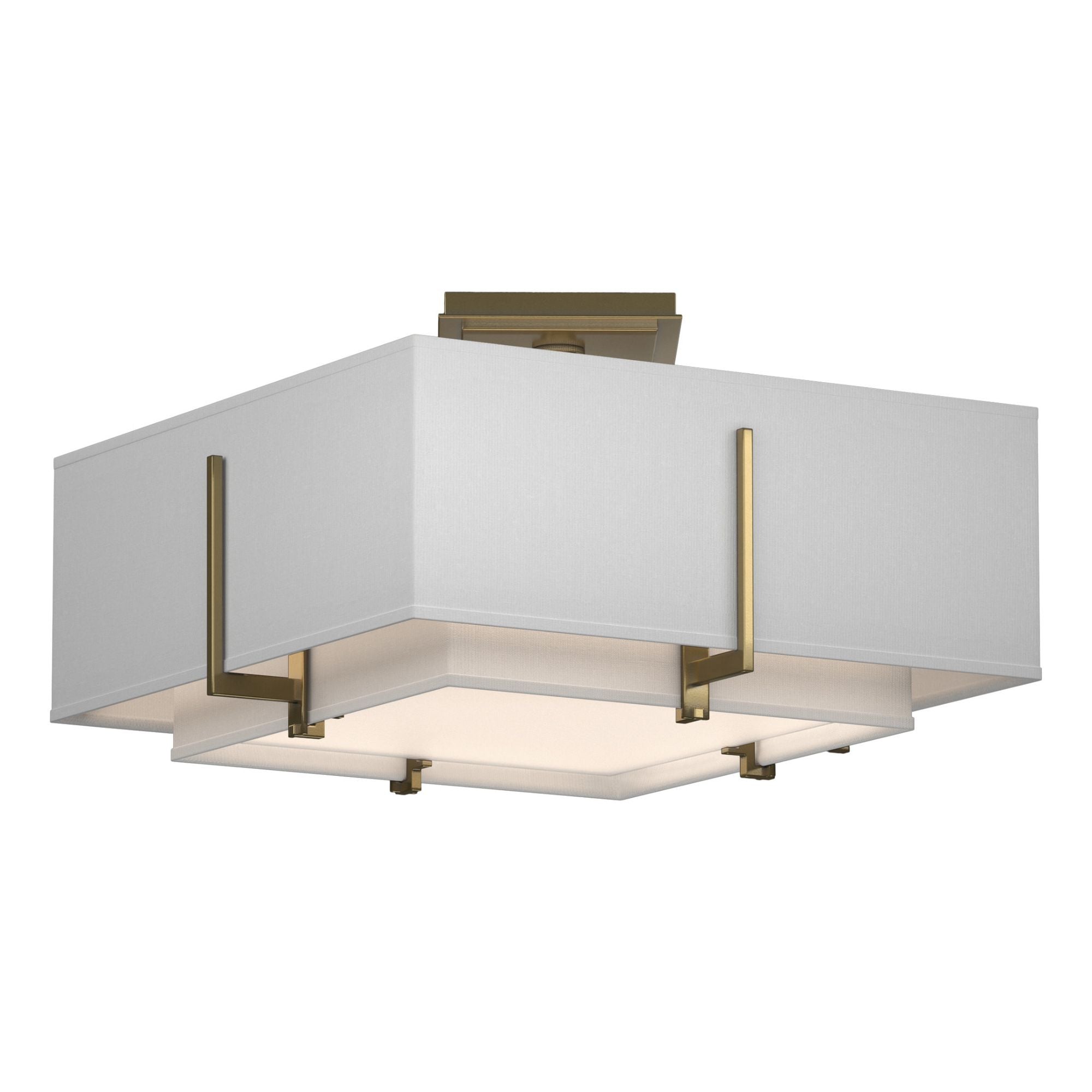 Exos Square Small Double Shade Semi-Flush 2-Light Natural Anna Inner Shade & Natural Anna Outer Shade in Modern Brass