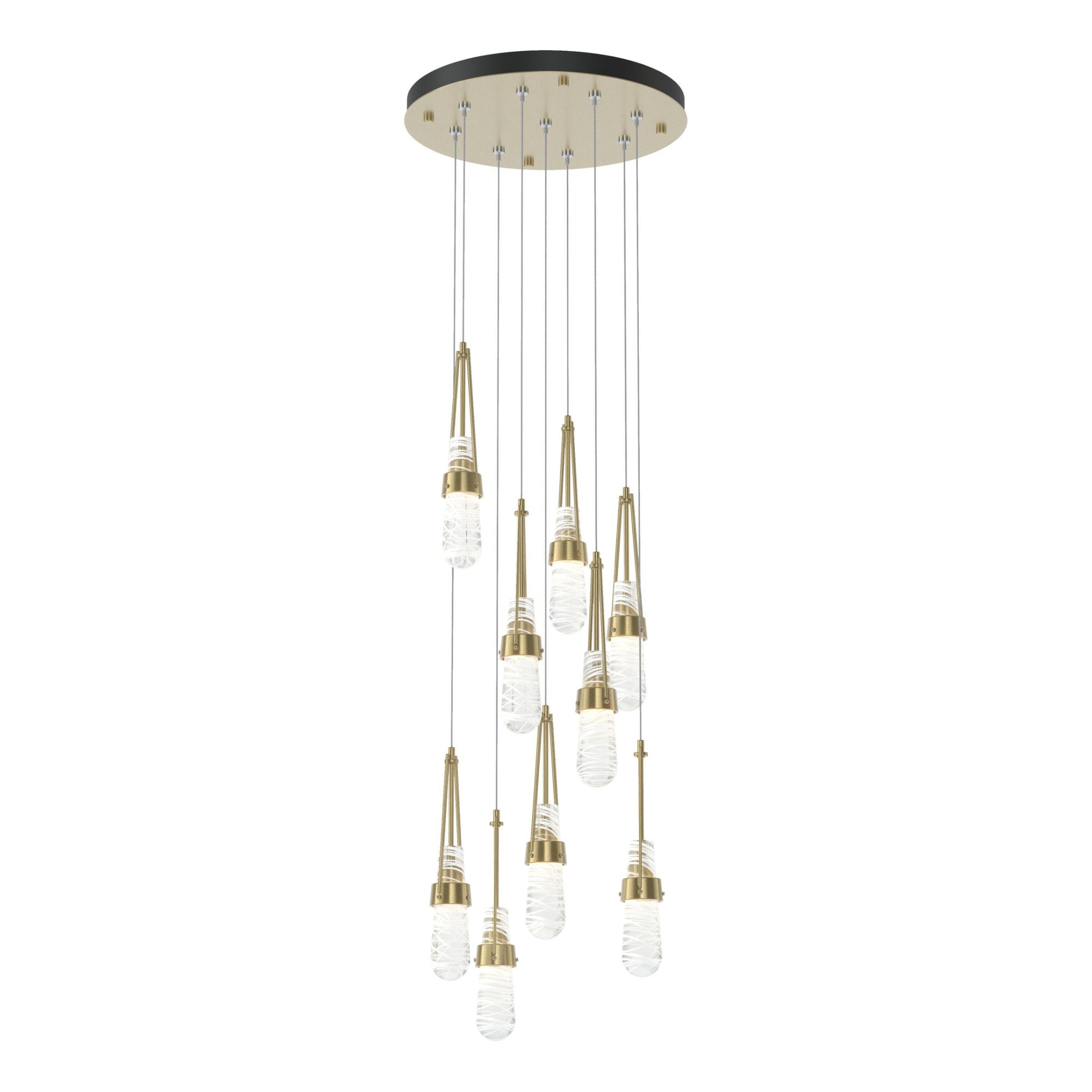 Link 9-Light Blown Glass Pendant 9-Light Clear Glass with White Threading (YJ) in Modern Brass