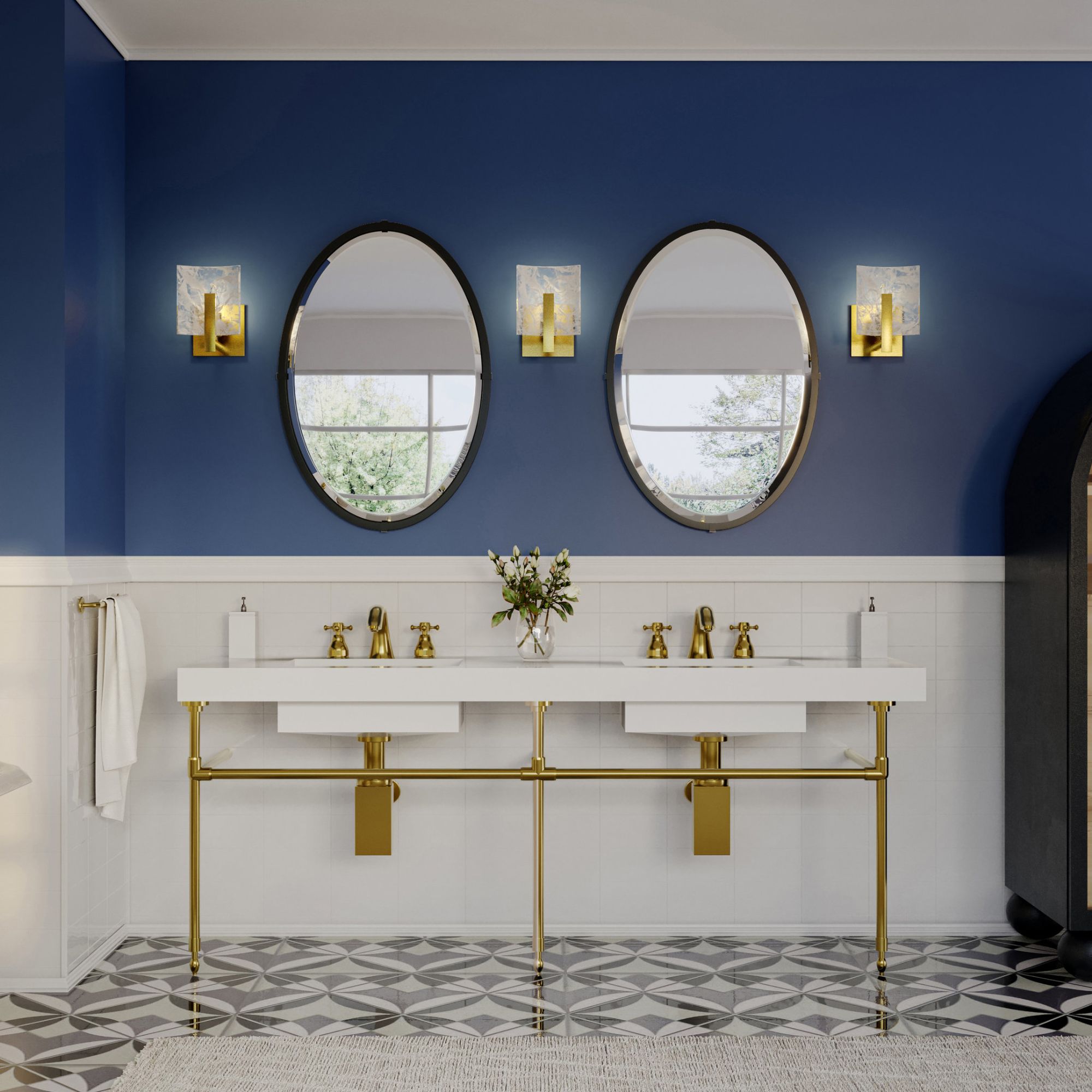 Arc Small 1-Light Bath Sconce 1-Light White Swirl Glass (YR) in Modern Brass
