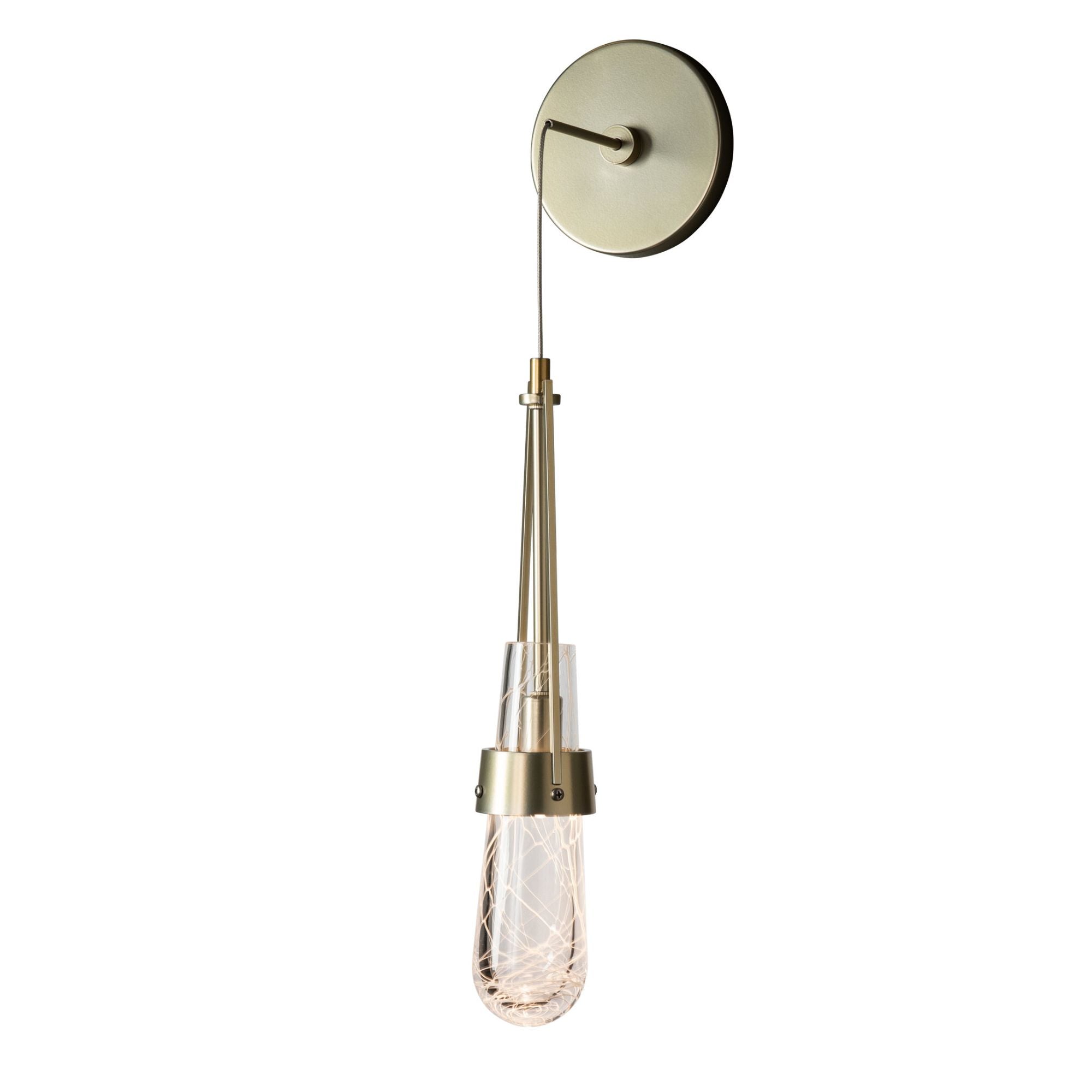 Link Blown Glass Low Voltage Sconce 1-Light Clear Glass with White Threading (YJ) in Modern Brass