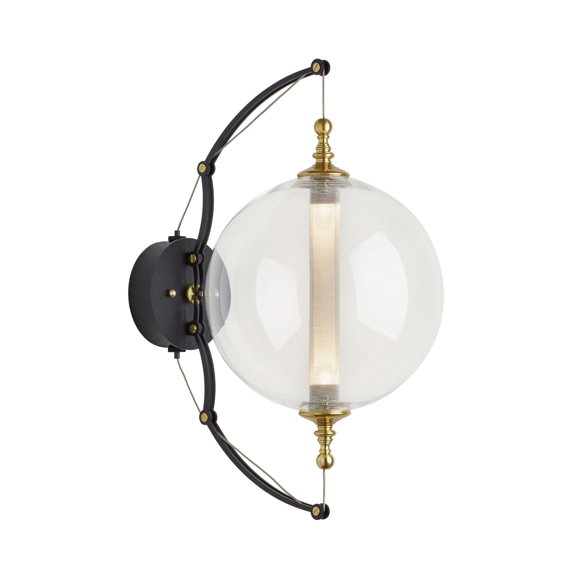 Otto Sphere Sconce 2-Light Clear Glass with Stainless Steel Mesh Tube (YT) in Black with Brass Accents