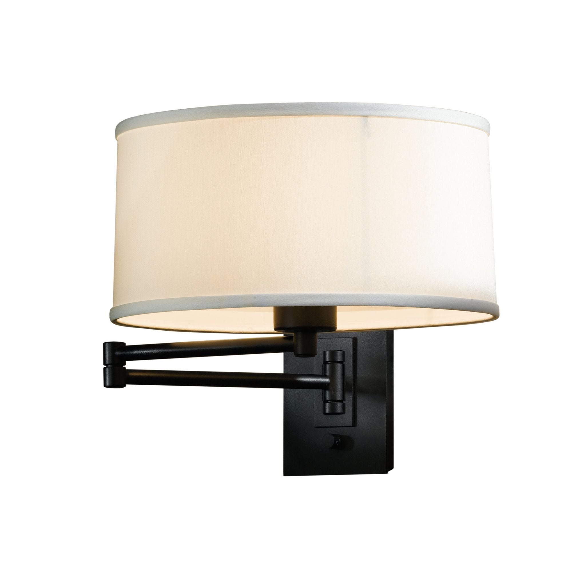 Simple Swing Arm Sconce 1-Light Natural Anna Shade (SF) in Black - Dimmer on Backplate