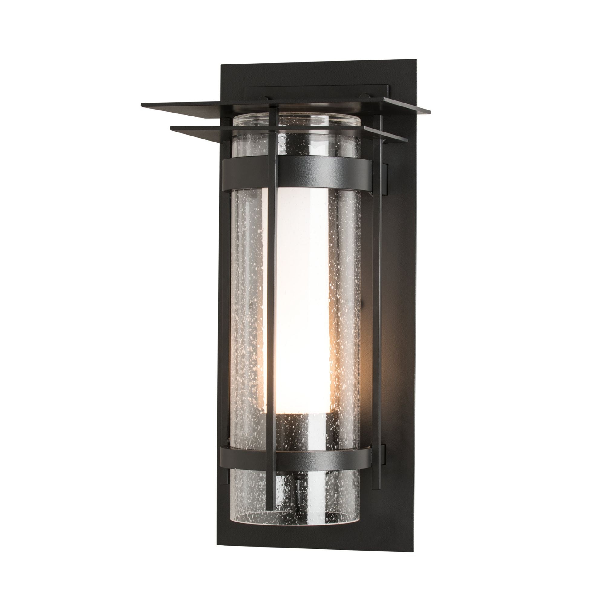 Torch with Top Plate Outdoor Sconce 1-Light Seeded Glass with Opal Diffuser (ZS) in Coastal Black