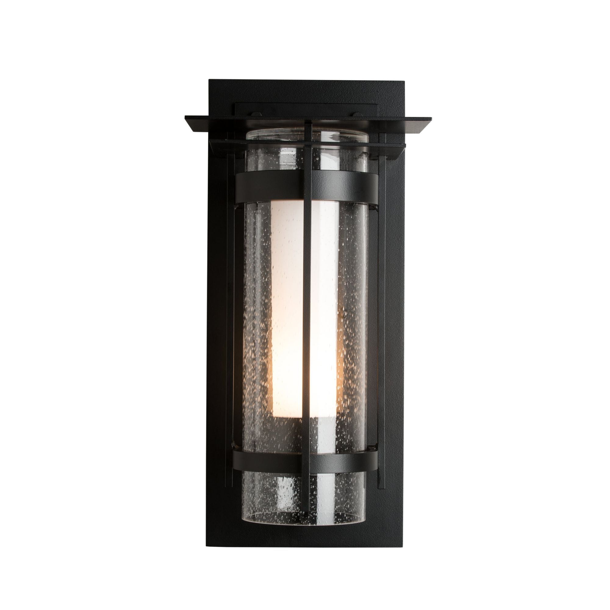 Torch with Top Plate Outdoor Sconce 1-Light Seeded Glass with Opal Diffuser (ZS) in Coastal Black