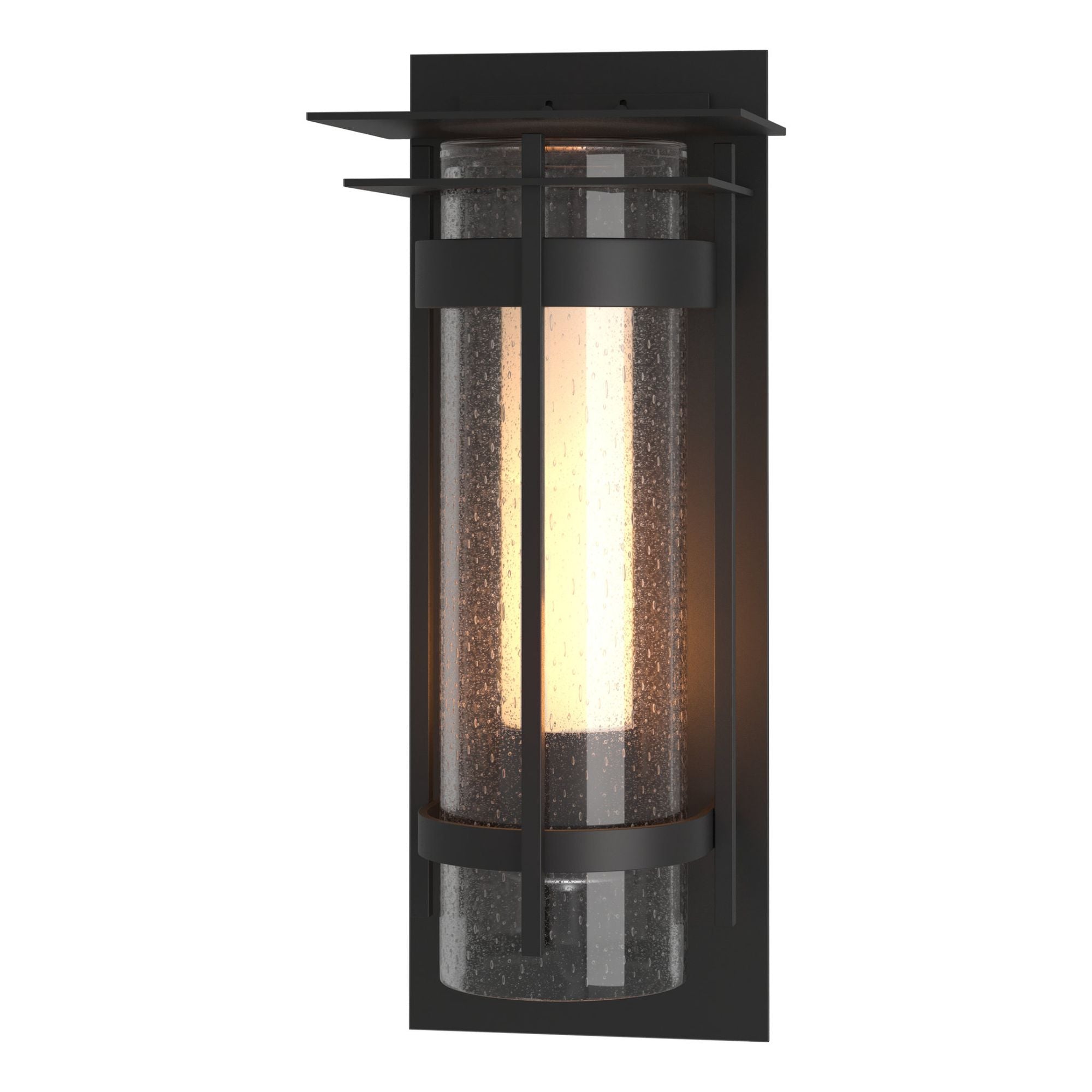 Torch with Top Plate Large Outdoor Sconce 1-Light Seeded Glass with Opal Diffuser (ZS) in Coastal Black