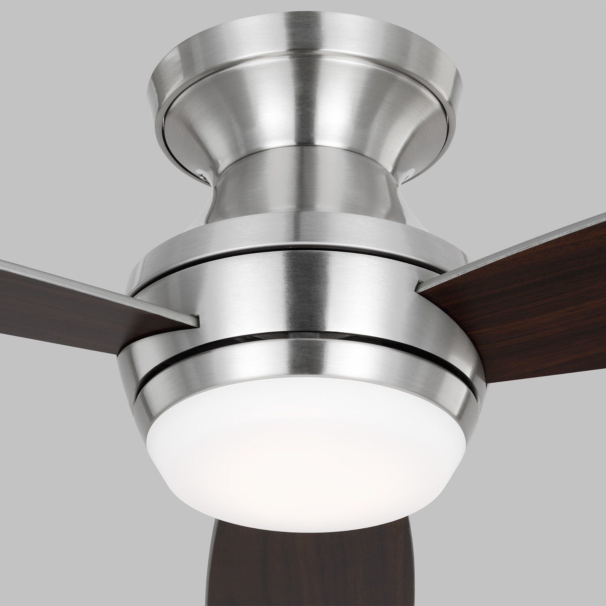 Ikon 44" LED Ceiling Fan in Brushed Steel w/ Silver/American Walnut reversible blades Blade D:44'' H:10 13/16''