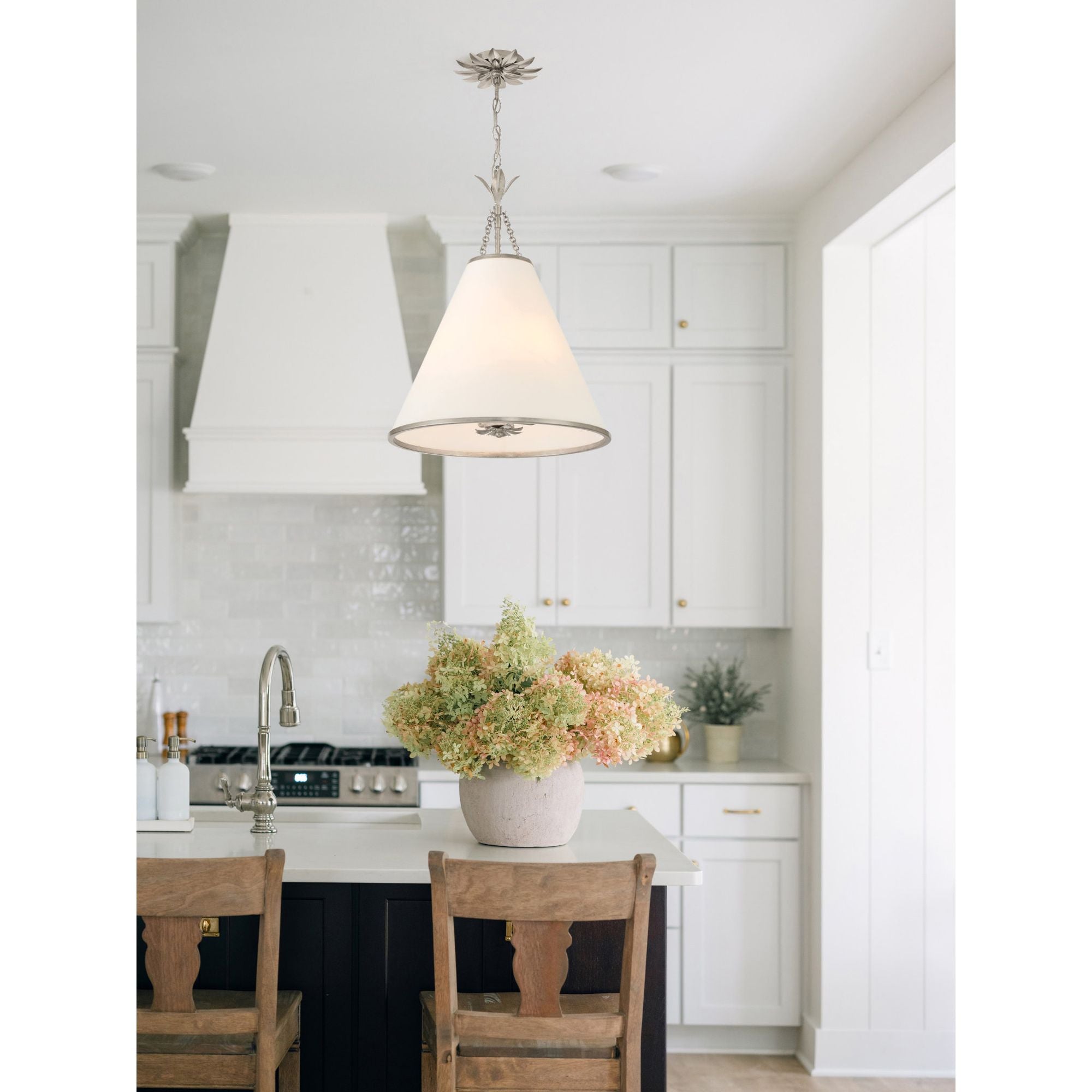 Broche 4 Light Antique Silver Pendant Silk Shade 18"W x 22.75"H x 18"D