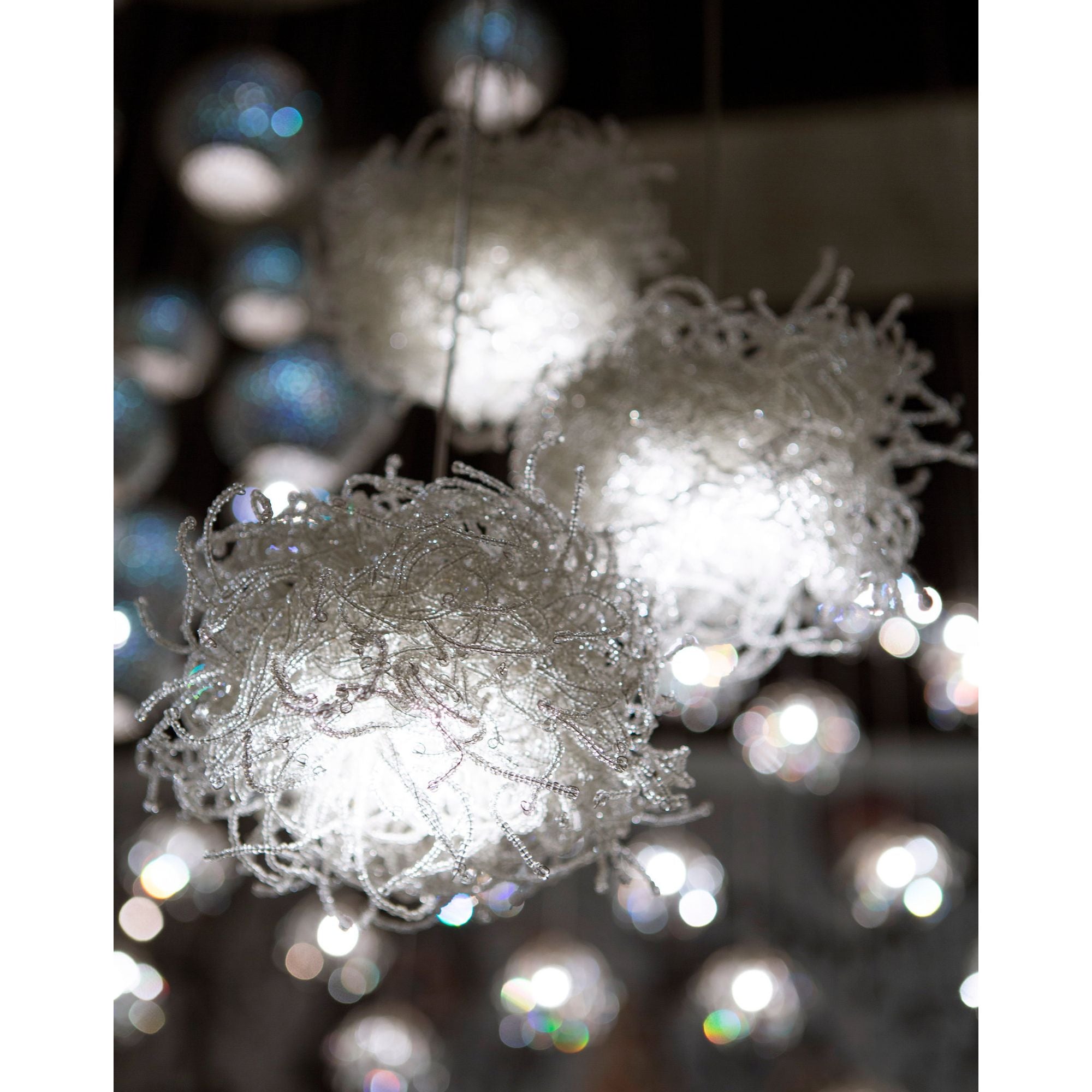 Birds Nest 1-Light Round Multi-Drop Pendant - Painted Silver/Clear