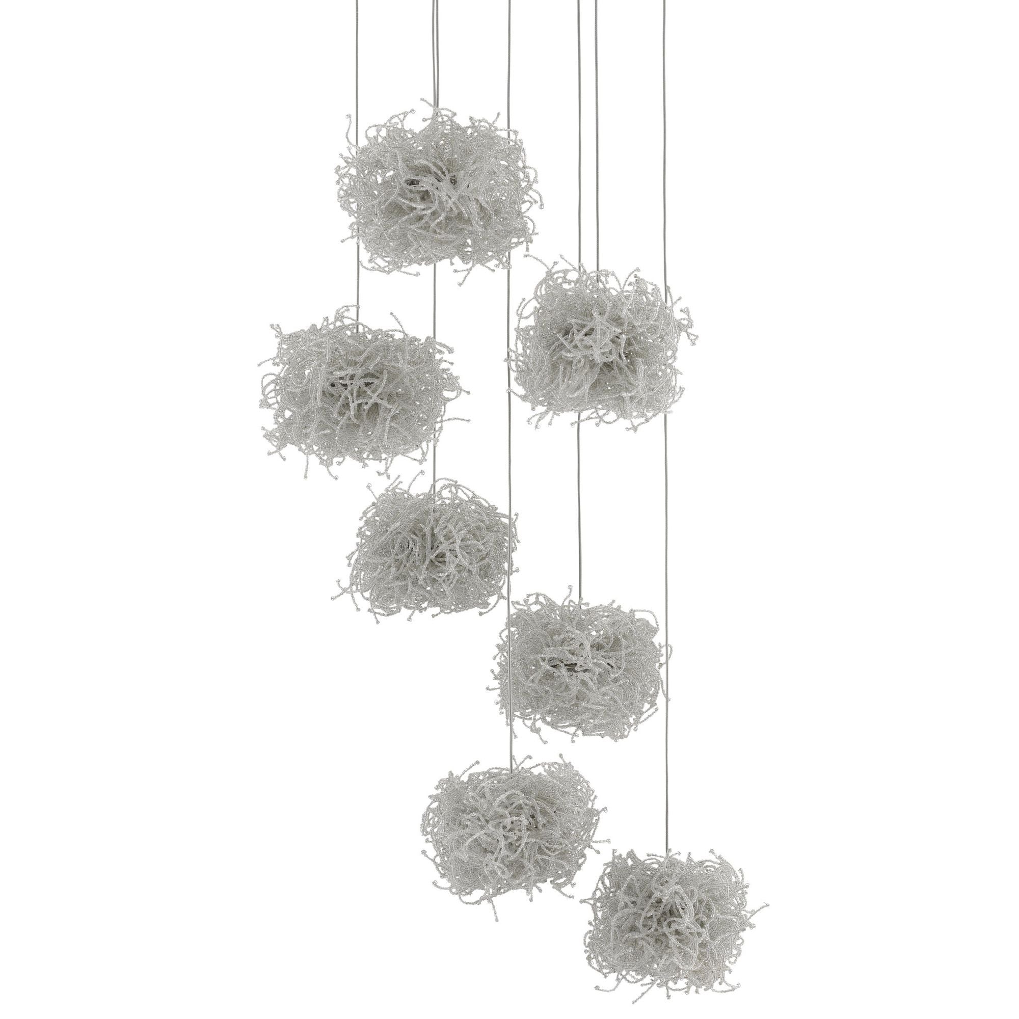 Birds Nest 7-Light Round Multi-Drop Pendant - Painted Silver/Clear