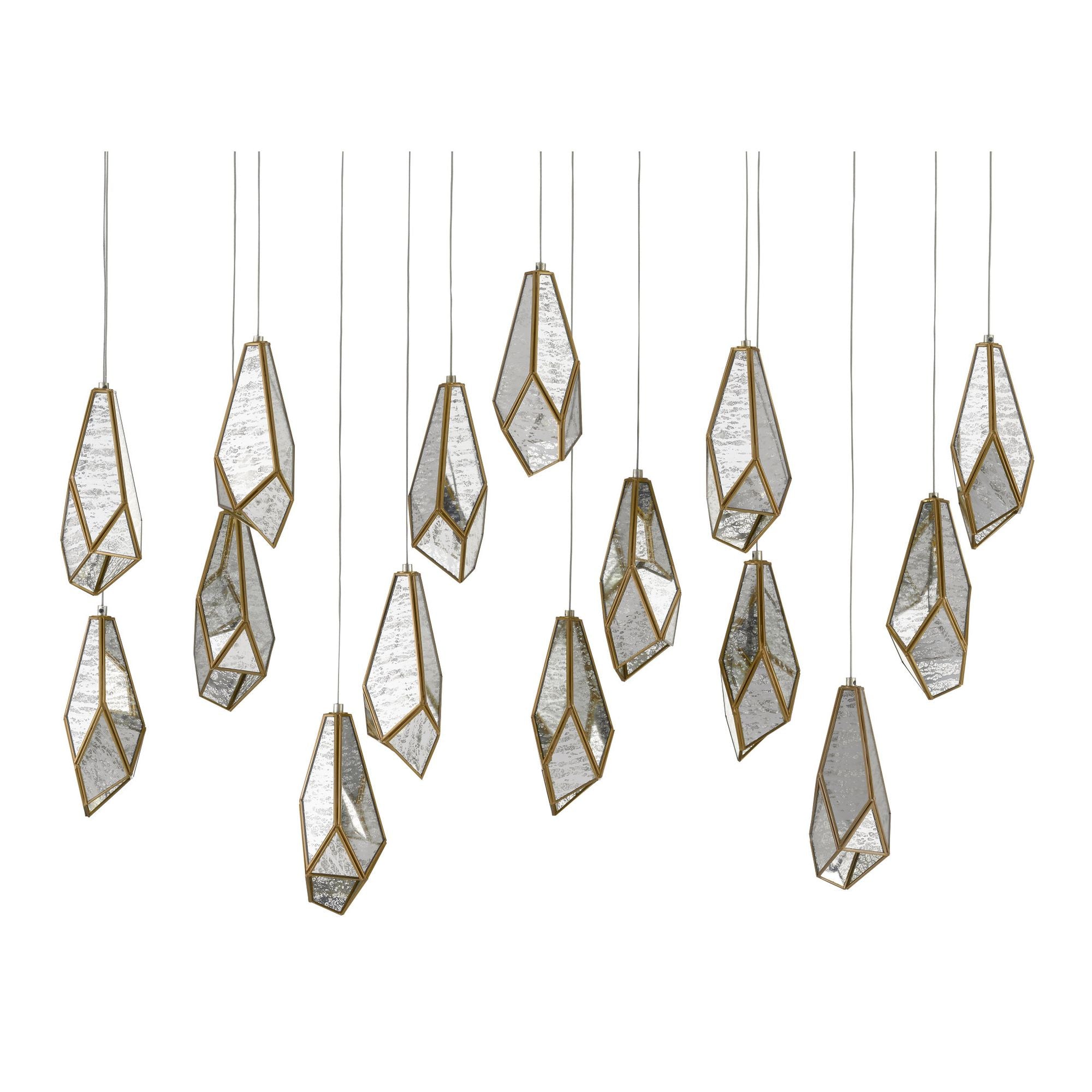 Glace Mirror 15-Light Rectangular Multi-Drop Pendant - Painted Silver/Antique Brass
