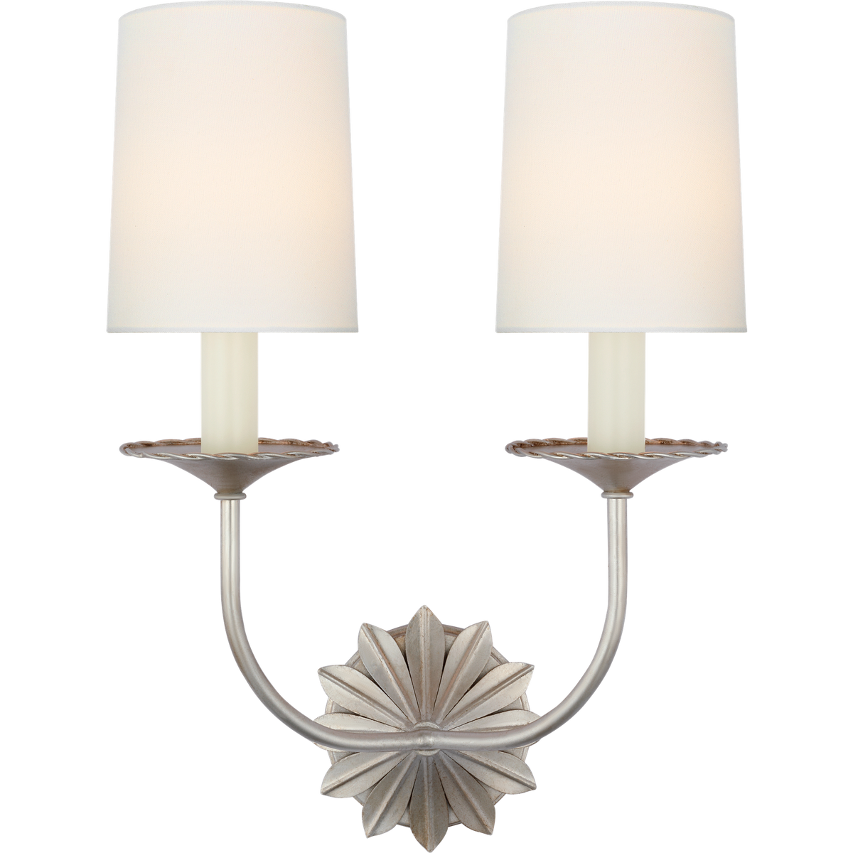 Suzanne Kasler Leslie 17" Double Sconce in Burnished Silver Leaf with Linen Shades W12.25" x H16.5" x E6.25"