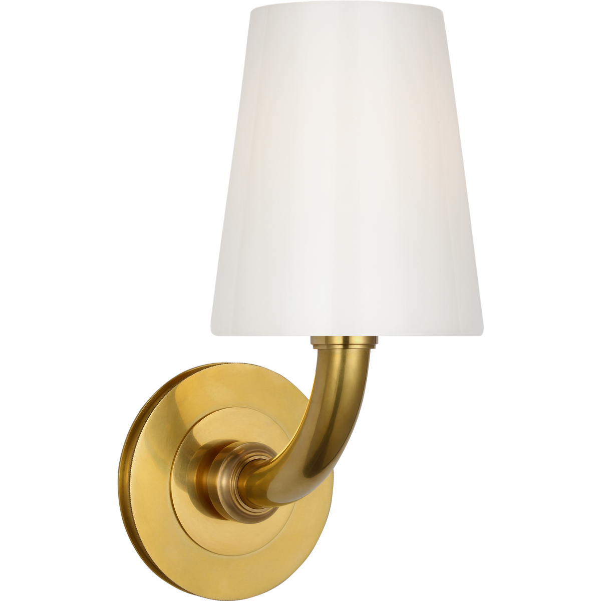 Thomas O'Brien Rally 12" Bath Sconce in Hand-Rubbed Antique Brass with White Glass Shade W5" x H11.75" x E6.5"