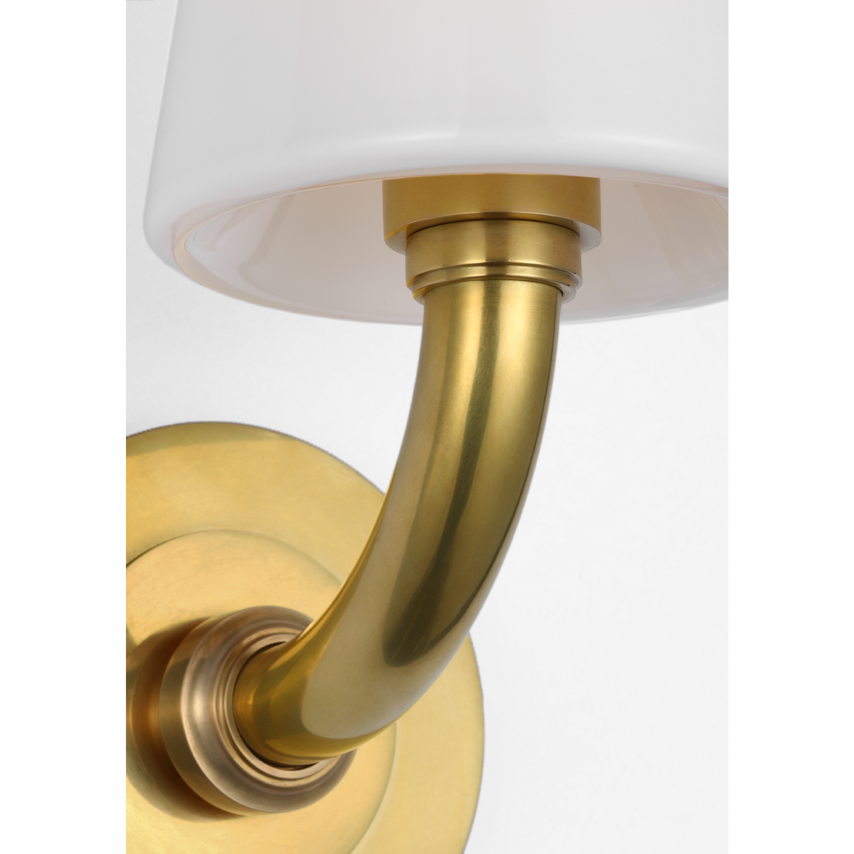 Thomas O'Brien Rally 12" Bath Sconce in Hand-Rubbed Antique Brass with White Glass Shade W5" x H11.75" x E6.5"