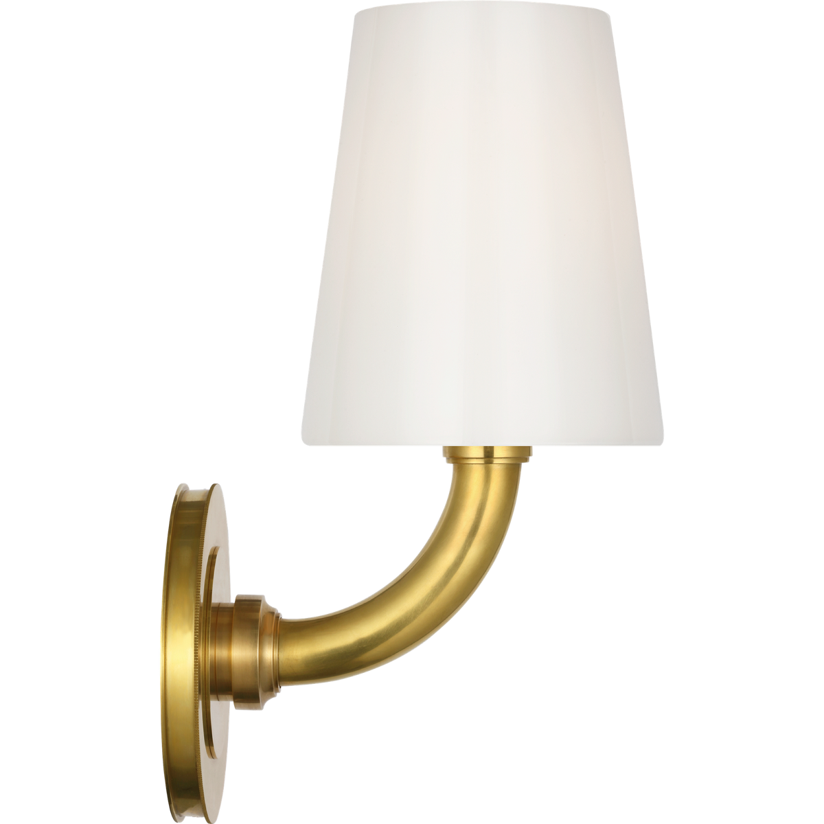 Thomas O'Brien Rally 12" Bath Sconce in Hand-Rubbed Antique Brass with White Glass Shade W5" x H11.75" x E6.5"