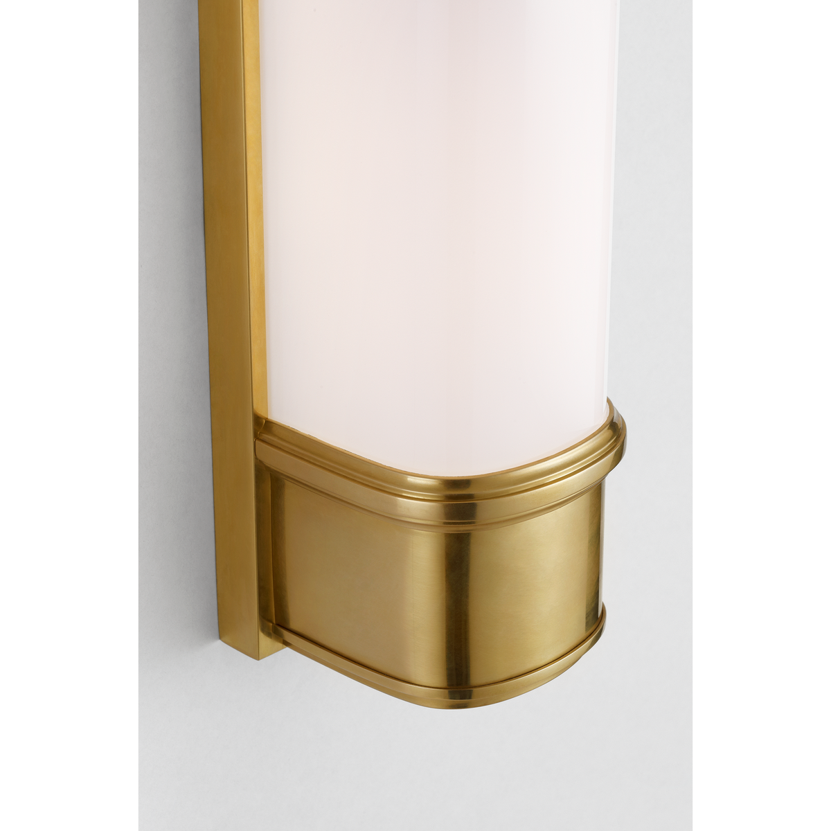 Thomas O'Brien Rally 13" Linear Bath Sconce in Hand-Rubbed Antique Brass with White Glass W3.75" x H12.75" x E4"