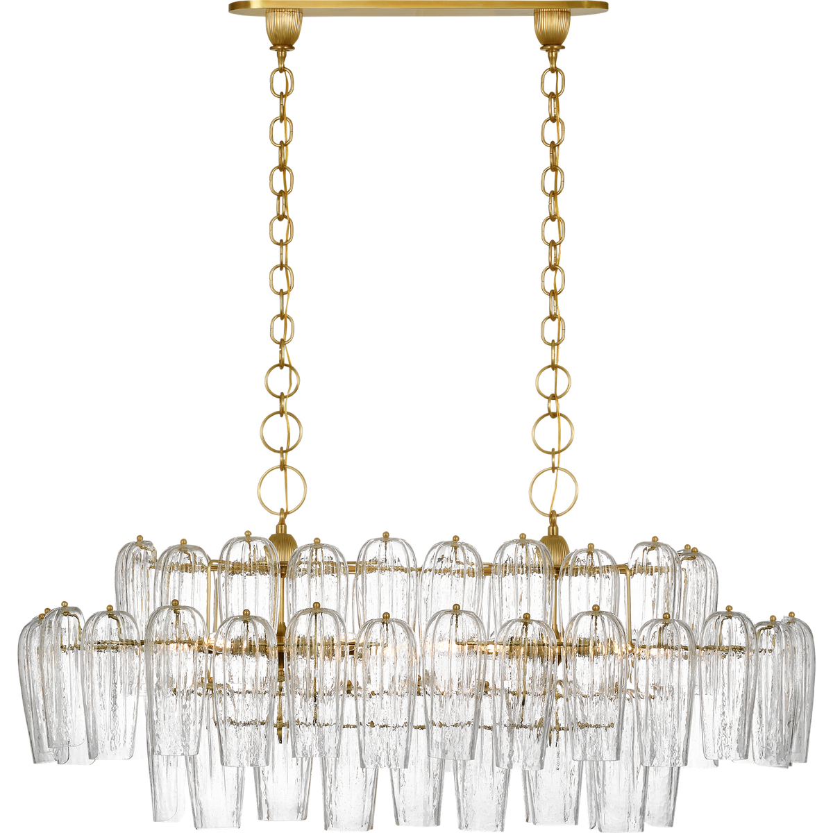 Thomas O'Brien Charmain 53" Linear Chandelier in Hand-Rubbed Antique Brass with Seeded Glass W27.25" x 53.25" x H22"