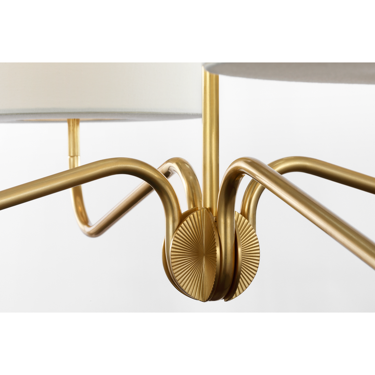 Thomas O'Brien Canto Large Four Arm Chandelier in Hand-Rubbed Antique Brass with Linen Shades W40"