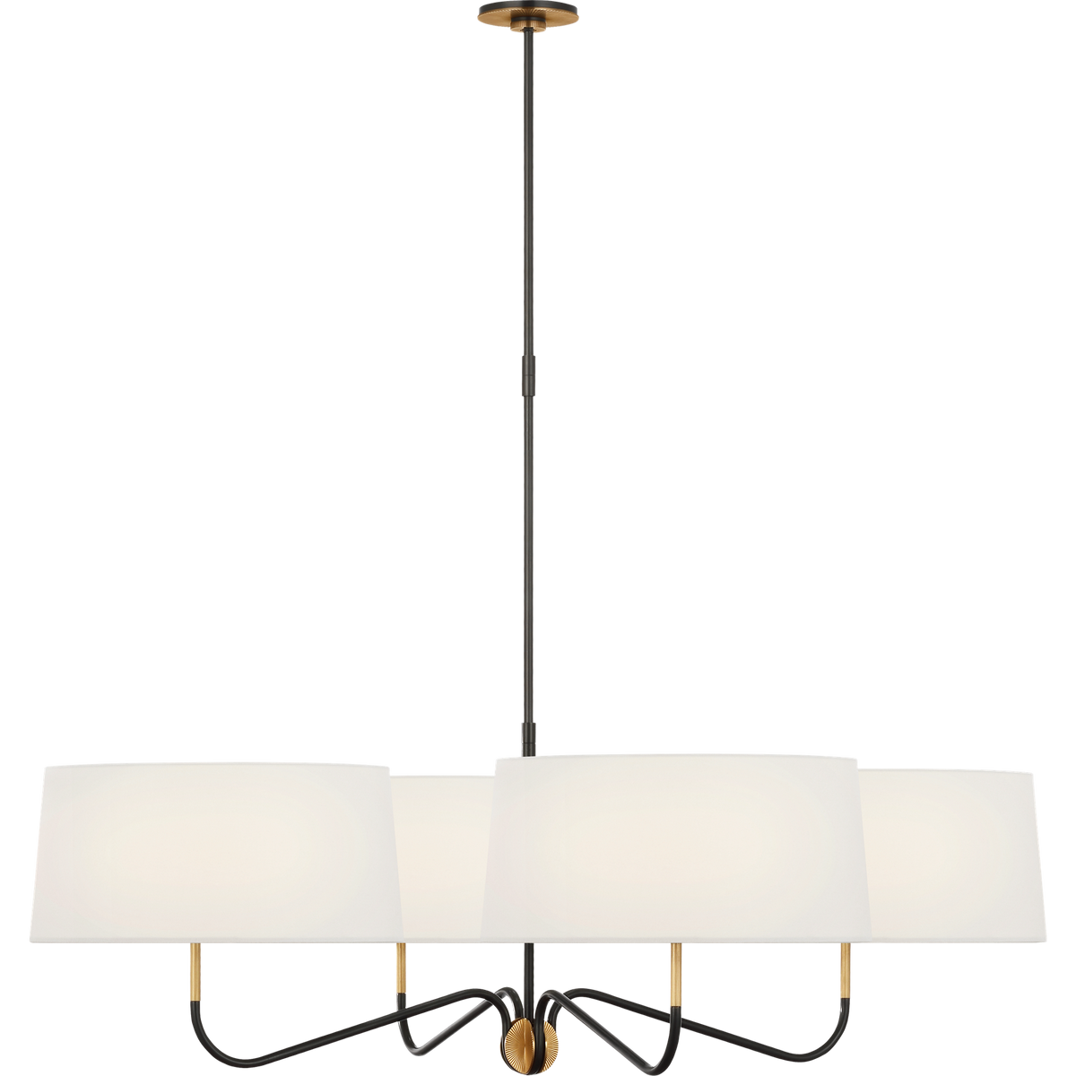Thomas O'Brien Canto Extra Large Four Arm Chandelier in Bronze and Hand-Rubbed Antique Brass with Linen Shades W50"