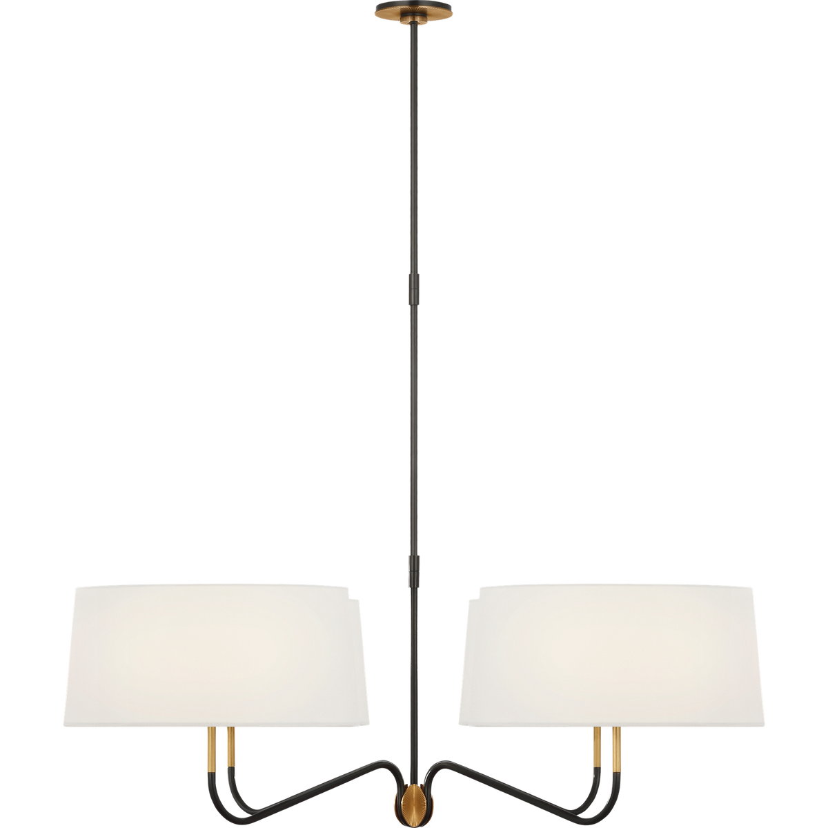 Thomas O'Brien Canto Extra Large Four Arm Chandelier in Bronze and Hand-Rubbed Antique Brass with Linen Shades W50"