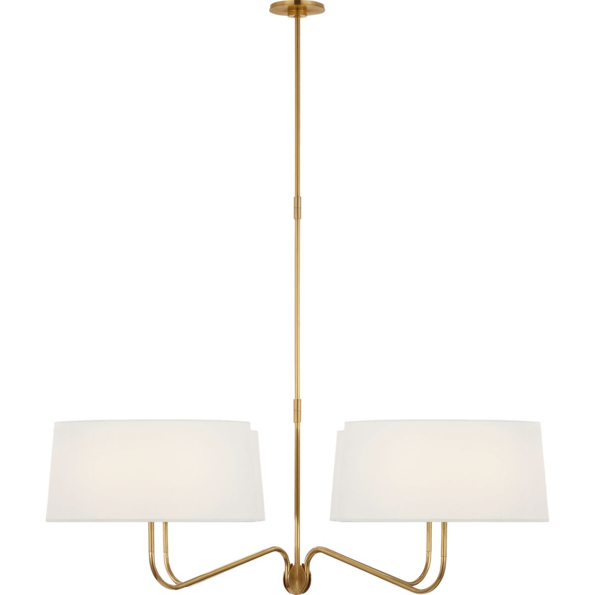 Thomas O'Brien Canto Extra Large Four Arm Chandelier in Hand-Rubbed Antique Brass with Linen Shades W50"