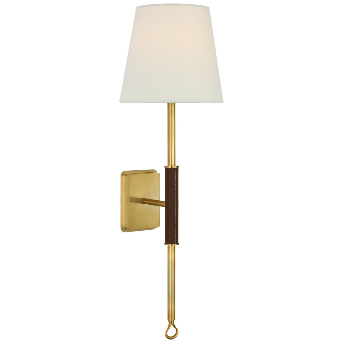 Amber Lewis Griffin Tail Sconce in Hand-Rubbed Antique Brass and Saddle Leather with Linen Shade W6.5" x H21" x E6.5"