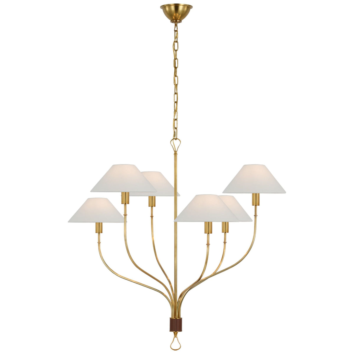 Amber Lewis Griffin Large Staggered Tail Chandelier in Hand-Rubbed Antique Brass and Saddle Leather with Linen Shades W36.5" x H35.5"