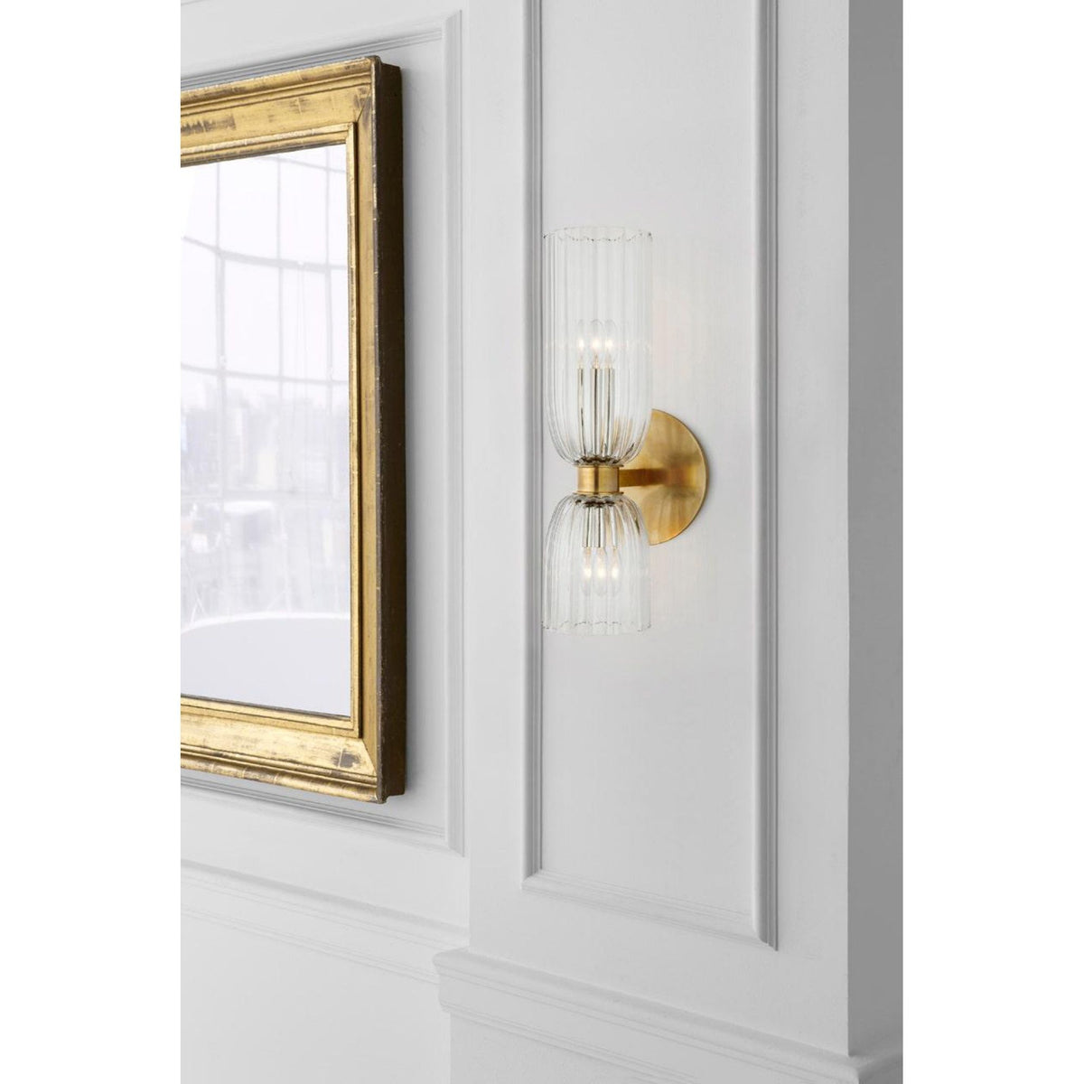 AERIN Asalea 16" Double Bath Sconce in Hand-Rubbed Antique Brass with Clear Glass W6" x H16.25" x E7.5"