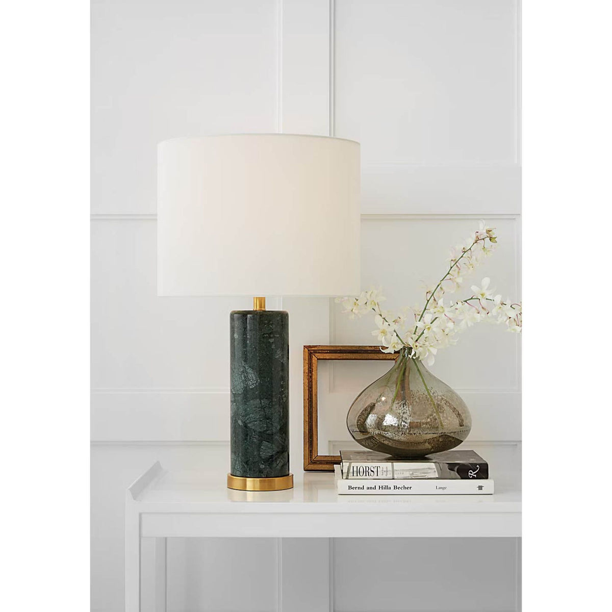 AERIN Cliff Table Lamp in Green Marble with Linen Shade W17" x H30"