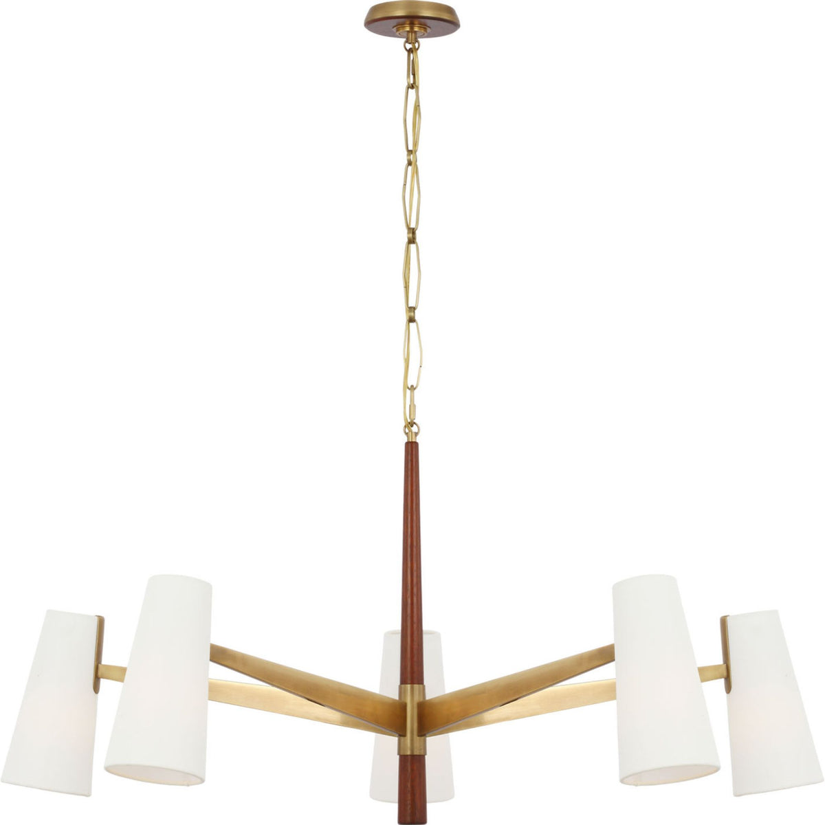 AERIN Olina 44" Chandelier in Hand-Rubbed Antique Brass and Mahogany with Linen Shades W42" x H19.5"