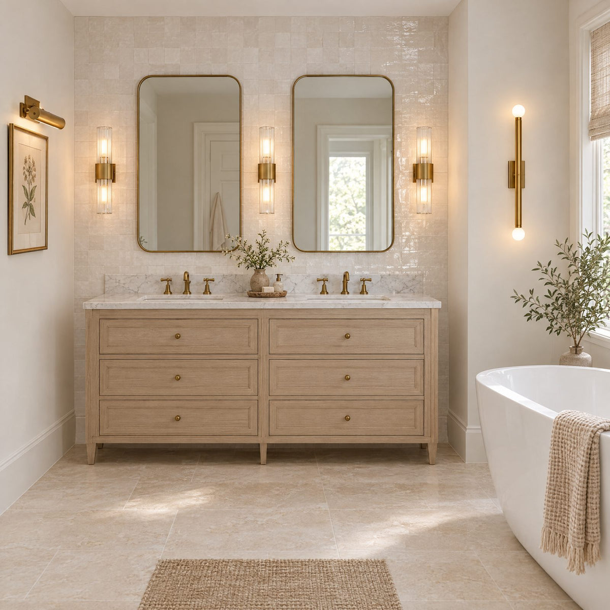 Shop the look: Primary bathroom with a white oak double vanity, three burnished brass sconces flanking two mirrors, a brass sconce beside a freestanding tub, and a brass picture light over a botanical print