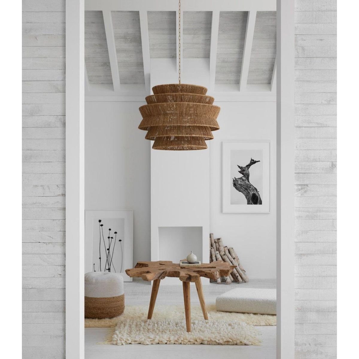 Chapman & Myers Antigua XL Drum Chandelier in Antique-Burnished Brass and Natural Abaca W42" x H34"